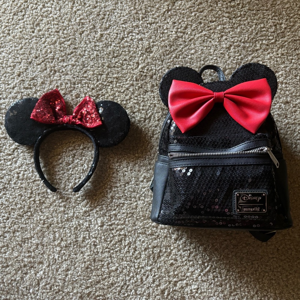Black and red sequin Minnie Mouse loungefly backpack and ears bundle